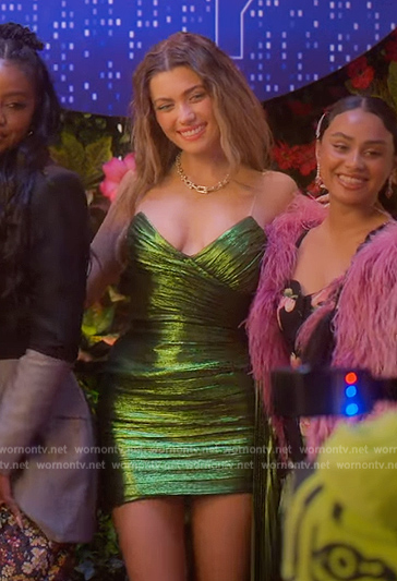 Lauryn's green metallic strapless dress on Grown-ish