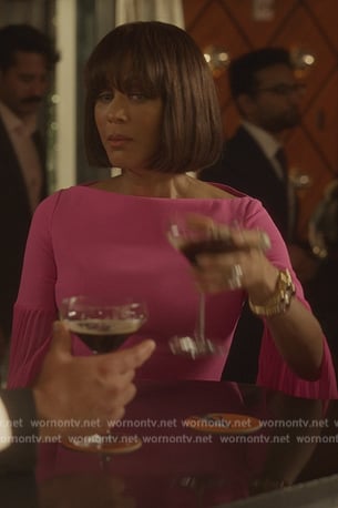 Lisa's pink pleated sleeve dress on And Just Like That