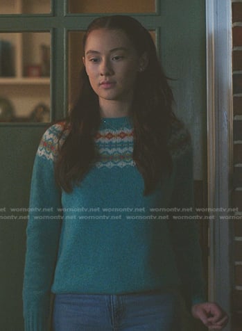 Belly's teal green fairl isle sweater on The Summer I Turned Pretty