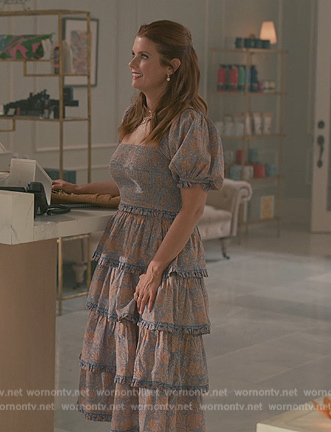 Maddie's blue smocked floral print top and skirt on Sweet Magnolias