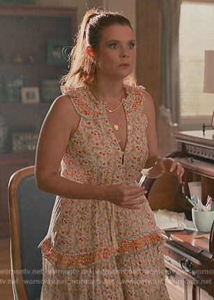 Maddie's orange floral print sleeveless dress on Sweet Magnolias
