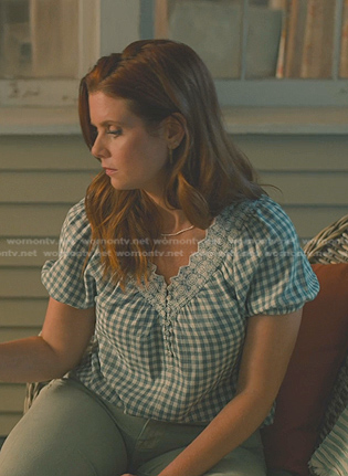 Maddie's blue embroidered check top on Sweet Magnolias