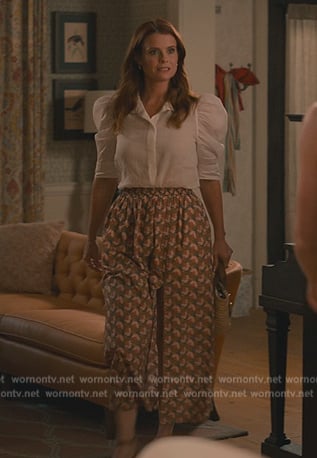 Maddie's white puff sleeve top and printed skirt on Sweet Magnolias
