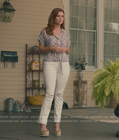 Maddie's blue check shirt and wedge sandals on Sweet Magnolias