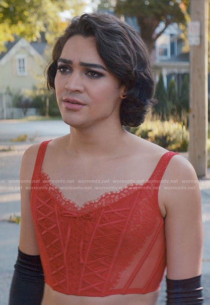 Marco's red lace corset top on Glamorous