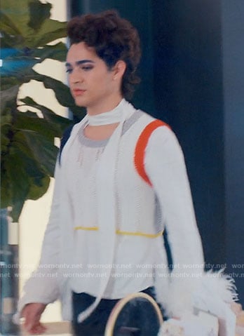 Marco's white feather cuff blouse and knit vest on Glamorous