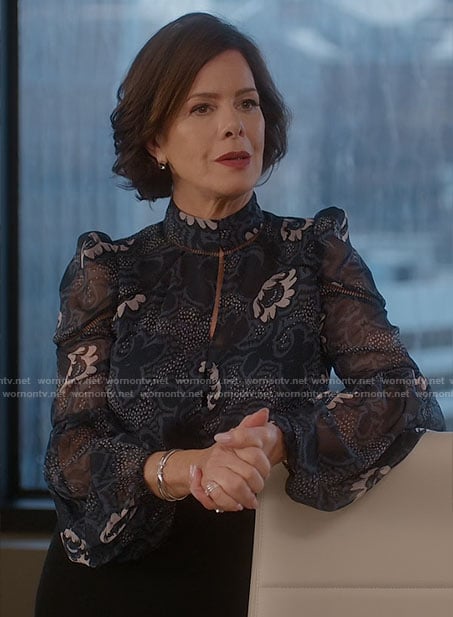Margaret's blue floral mock-neck blouse on So Help Me Todd