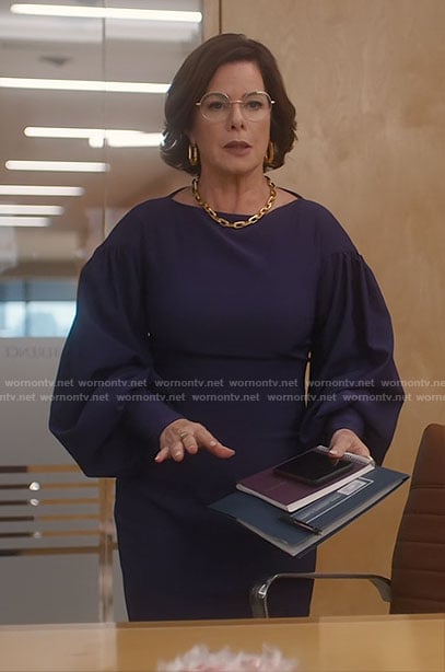 Margaret's navy blue balloon-sleeve sheath dress on So Help Me Todd