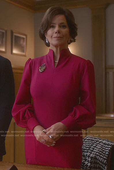 Margaret's pink long sleeved dress with split neck on So Help Me Todd