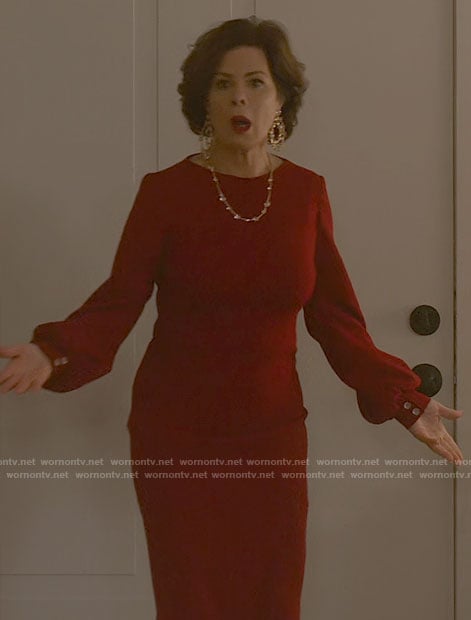 Margaret's red balloon-sleeve dress and crystal jewelry on So Help Me Todd