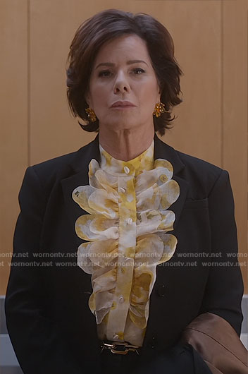 Margaret's yellow floral ruffled blouse on So Help Me Todd