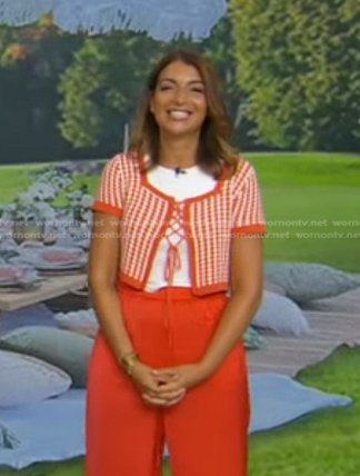 Mary Giuliani's red lace-up cardigan on Good Morning America