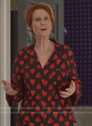Miranda's black heart print pajamas on And Just Like That