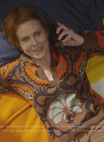 Miranda's brown printed sweater on And Just Like That