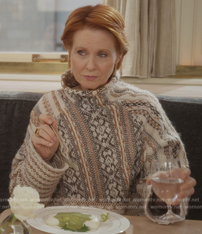 Miranda's cowl neck patterned sweater on And Just Like That