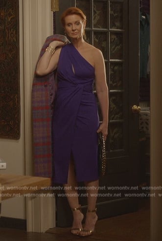Miranda's purple one shoulder dress on And Just Like That