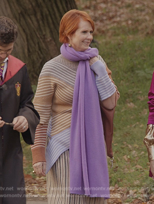Miranda's assymetric stripe cutout sweater on And Just Like That