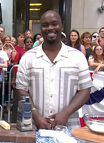 Mr. Bake Kareem Queeman's white geo print shirt on Today