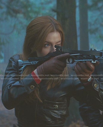 Nancy's brown cropped leather jacket on Nancy Drew