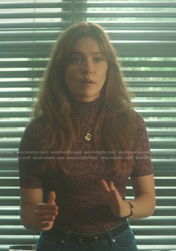 Nancy's pink print mock neck top on Nancy Drew