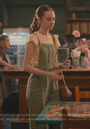 Nellie's green floral embroidered overalls on Sweet Magnolias