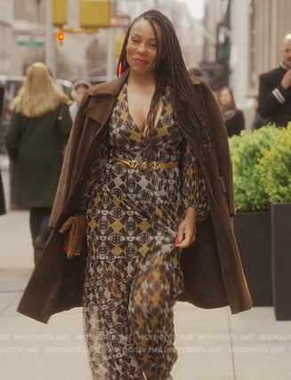 Nya's black printed silk dress on And Just Like That