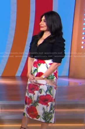 Pattie Ehsaei's black blouse and poppy print skirt on Good Morning America