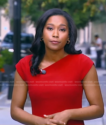 Rachel's red asymmetric neck dress on Good Morning America