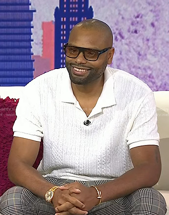 Rashad Bilal's white cable knit polo shirt on Today