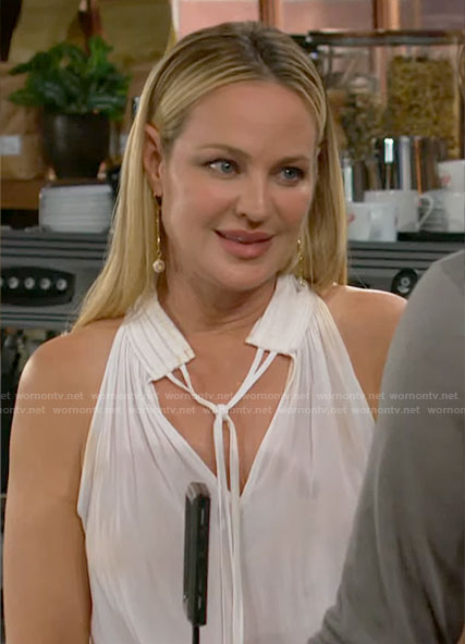 Sharon's white tie neck top on The Young and the Restless