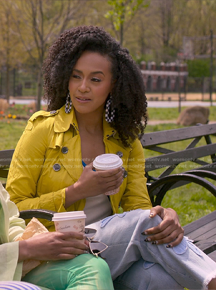 Sondi's chartreuse trench coat and floral jeans on Run the World