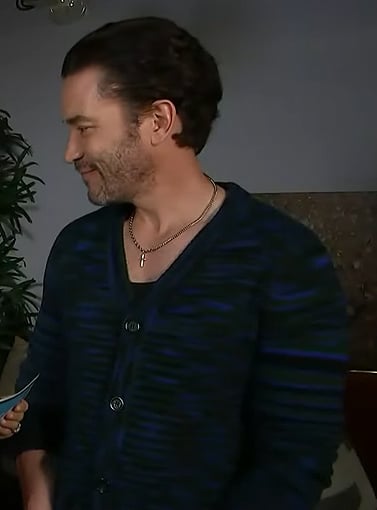 Tom Pelphrey's blue space dye cardigan on Access Hollywood