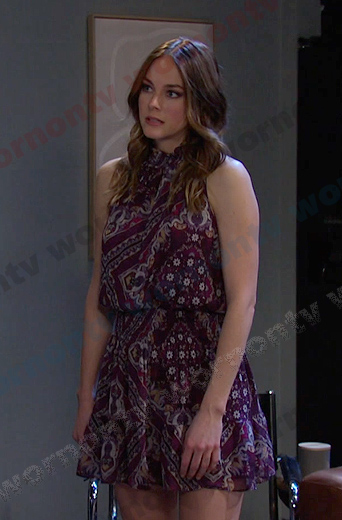 Stephanie's burgundy print sleeveless dress on Days of our Lives
