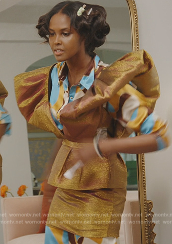 Ubah's metallic gold puff sleeve dress on The Real Housewives of New York City