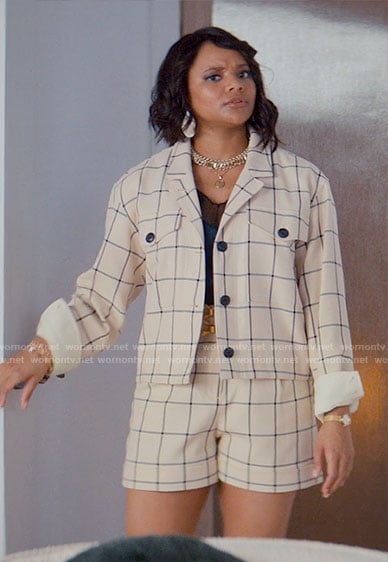 Venetia's cream checked jacket and shorts set on Glamorous
