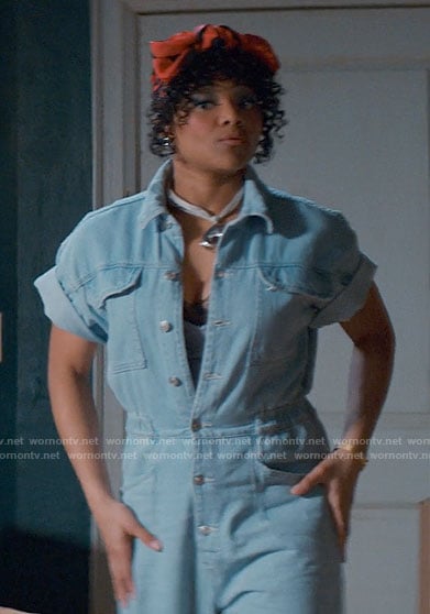 Venetia's denim jumpsuit on Glamorous