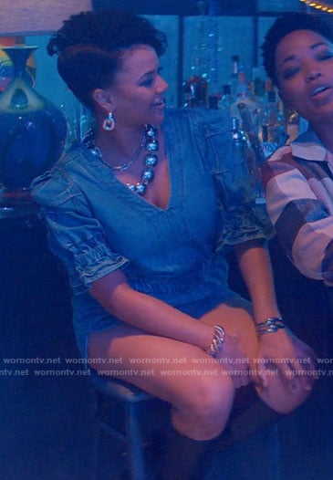 Venetia's denim romper on Glamorous