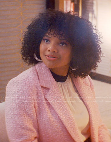 Venetia's pink cropped blazer and patterned skirt on Glamorous
