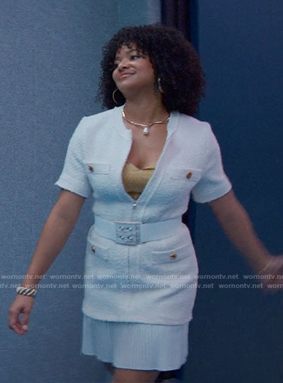 Venetia's white tweed zip front dress on Glamorous