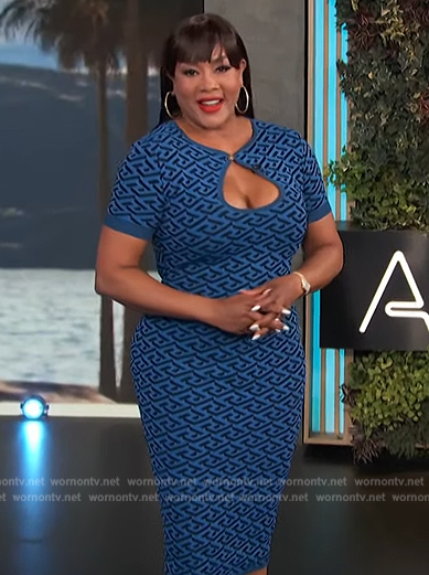 Vivica A Fox's blue monogram print dress on Access Hollywood