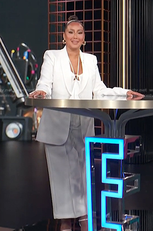 Adrienne’s white shawl collar blazer and pants on E! News