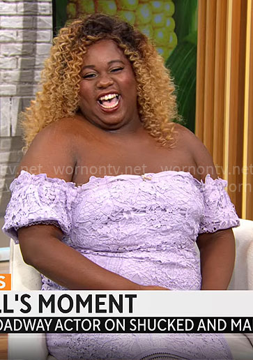 Alex Newell's purple lace off-shoulder dress on CBS Mornings
