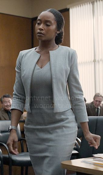 Andrea's grey v-neck dress and matching jacket on The Lincoln Lawyer