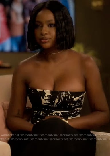 Annika's black printed bustier top on Grown-ish