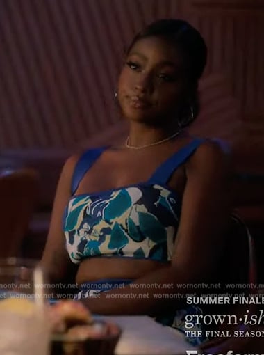 Annika's blue floral crop top and skirt on Grown-ish