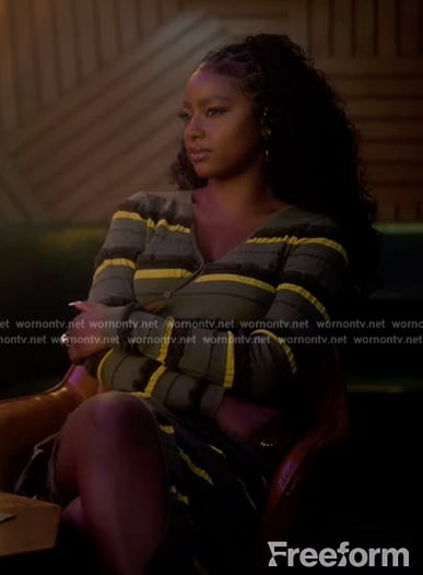 Annika's green striped top and skirt on Grown-ish