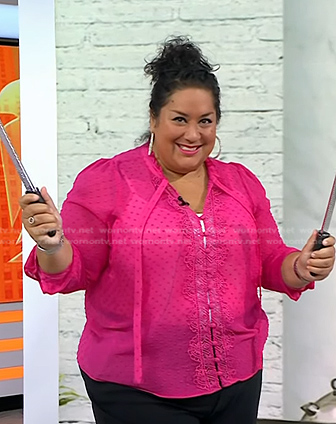 Ayesha Nurdjaja's pink embroidered swiss dot blouse on Today