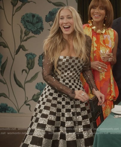 Carrie's metallic checkerboard print dress on And Just Like That