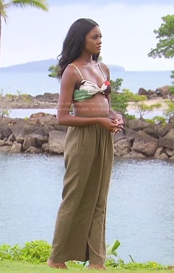 Charity’s floral bikini top and green pants on The Bachelorette