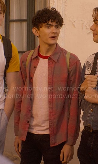 Charlie's red and grey plaid shirt in Paris on Heartstopper